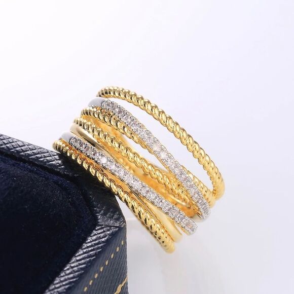 Gorgeous Cross Twisted Multilayer Ring Two Tone Micro Crystal Zircon Ring - Picture 4 of 6